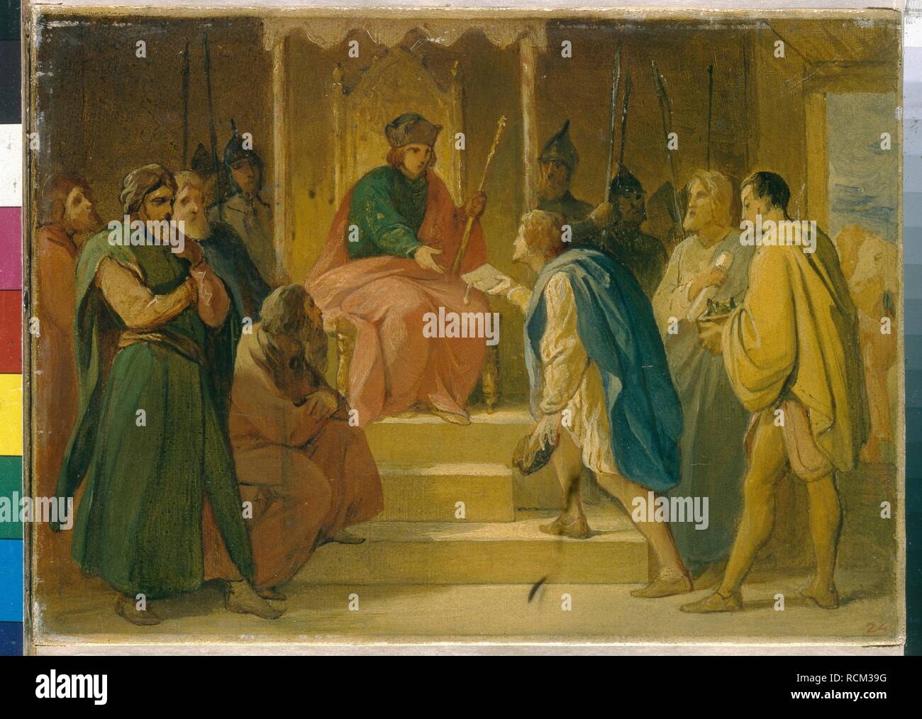 Grand Prince Andrei Bogolyubsky erhält die Handwerker wurden von Kaiser Friedrich I Barbarossa gesendet. Museum: Staatliches russisches Museum, St. Petersburg. Thema: Becken, Pjotr Wassiljewitsch. Stockfoto