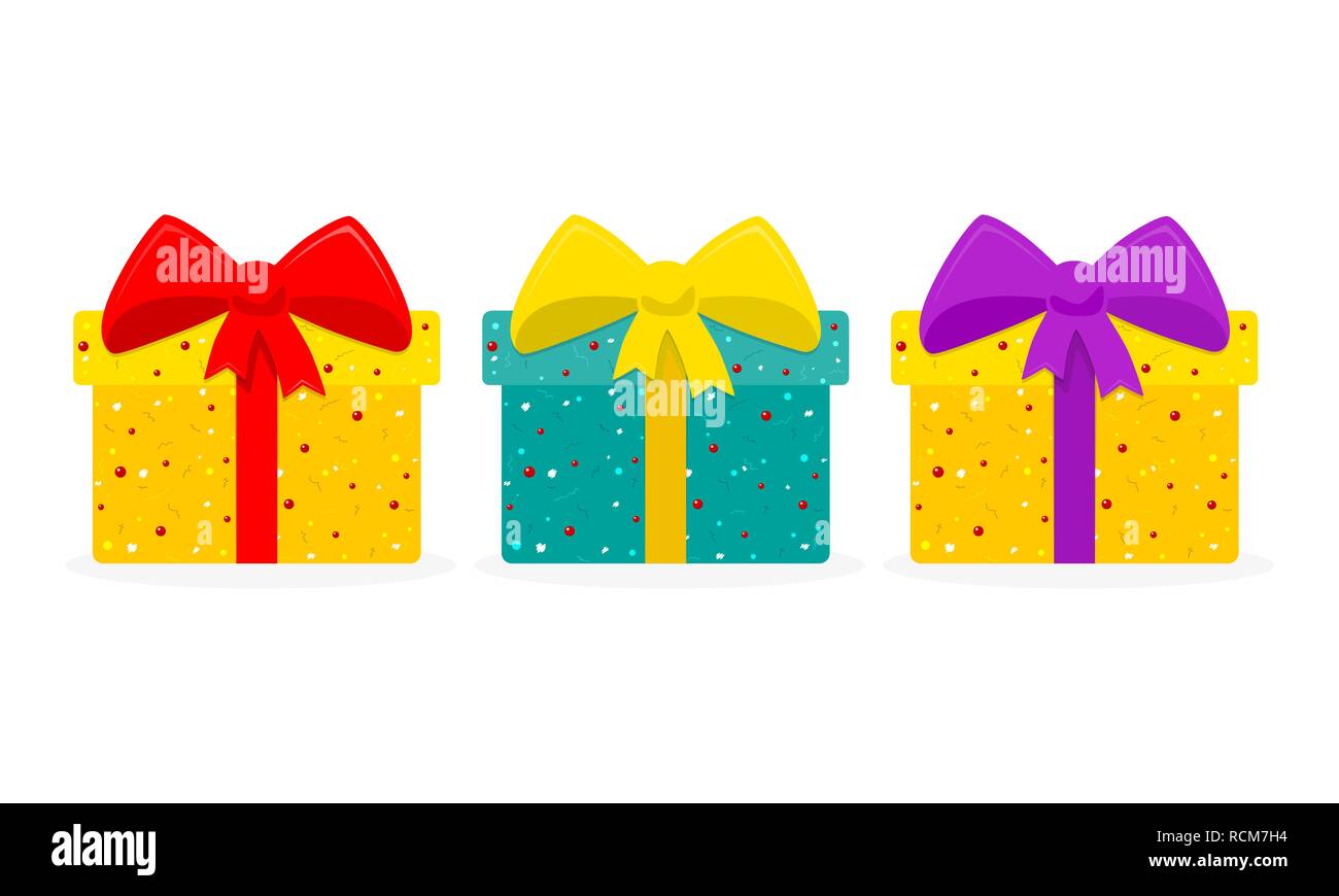 Cute Geschenkboxen in flacher Ausführung. Vector Illustration. Satz farbiger Geschenkboxen auf weißem Hintergrund Stock Vektor
