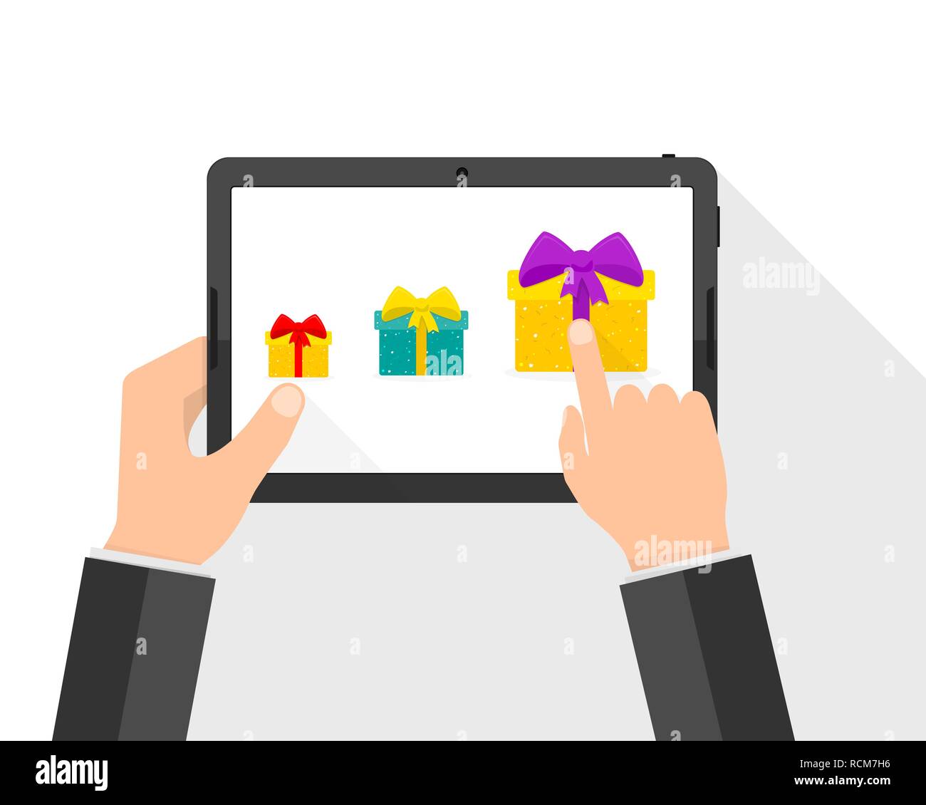 Hände der Geschäftsmann mit Tablet und Geschenkboxen auf dem Bildschirm. Vector Illustration. Feier Konzept Stock Vektor