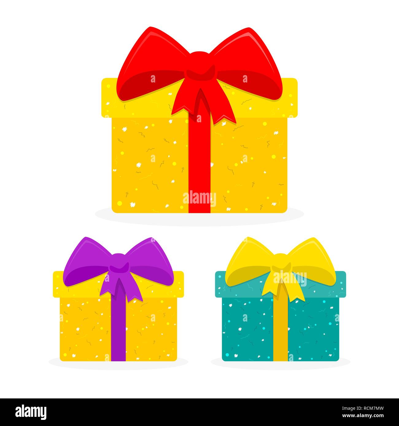Cute Geschenkboxen in flacher Ausführung. Vector Illustration. Satz farbiger Geschenkboxen auf weißem Hintergrund Stock Vektor