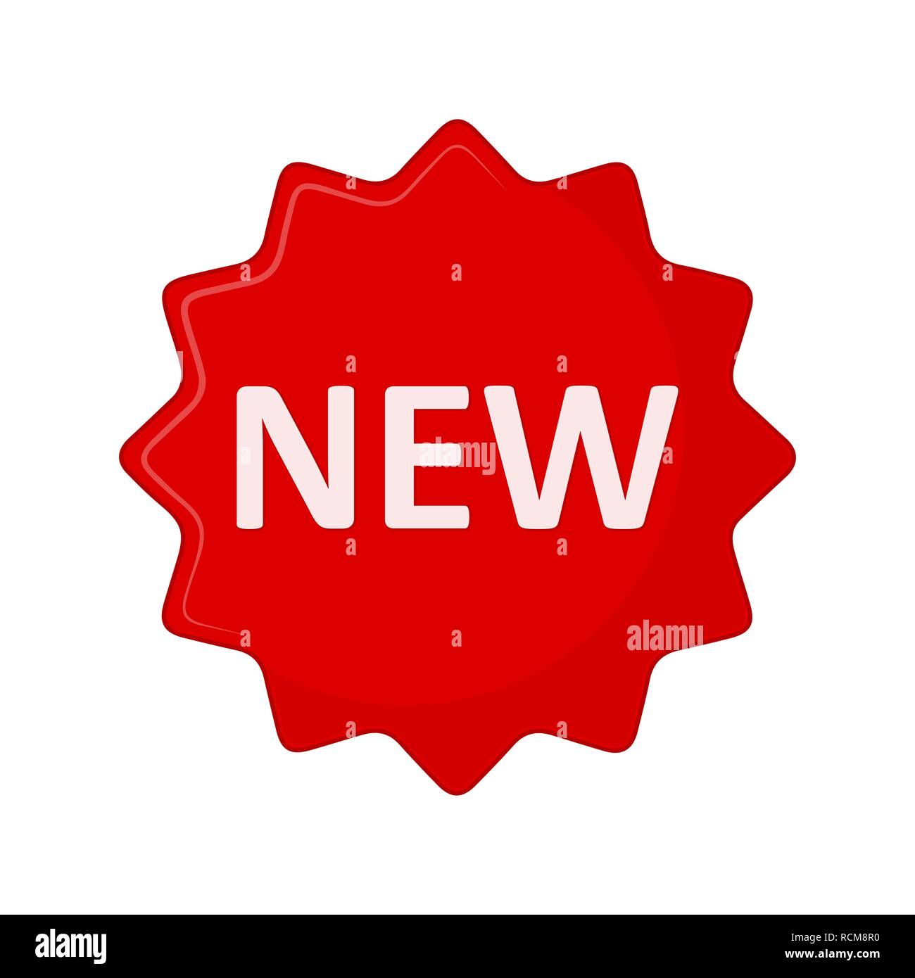 Text neu auf das runde Etikett in flacher Ausführung. Vector Illustration. Rote runde Aufkleber auf weißem Hintergrund. Stock Vektor