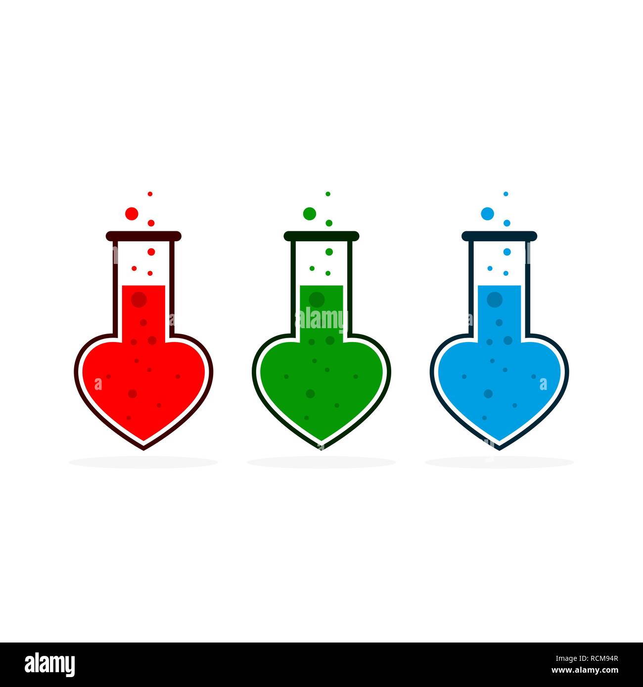 Reagenzglas Symbol in der Form des Herzens. Vector Illustration. Konzept der Liebe Labor in flacher Ausführung. Stock Vektor