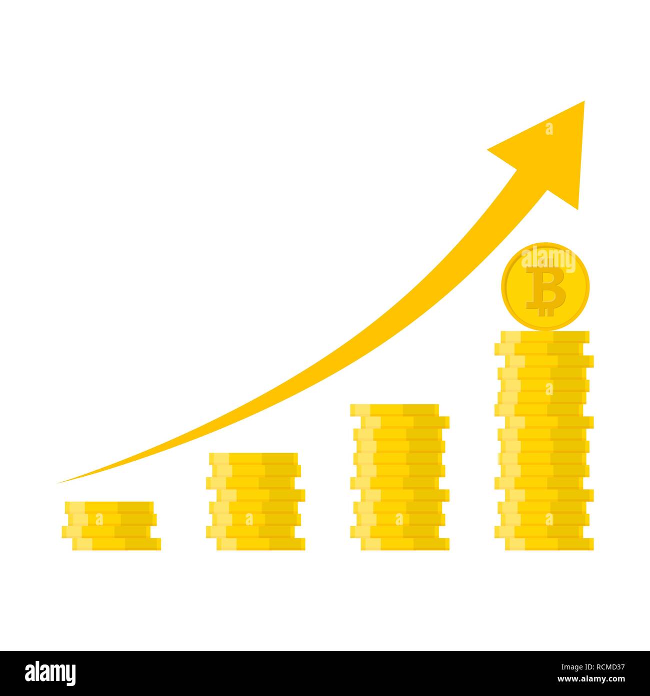 Heap des Goldenen bitcoins in flacher Ausführung. Vector Illustration. Bitcoin Wachstum Konzept mit Pfeil nach oben Stock Vektor
