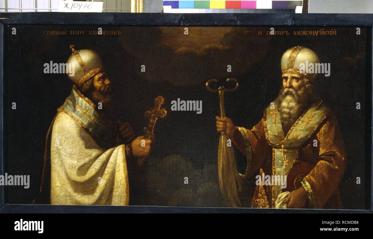 Papst Clemens I. von Rom und Papst Peter von Alexandria. Museum: Staatliches russisches Museum, St. Petersburg. Thema: russische Meister. Stockfoto