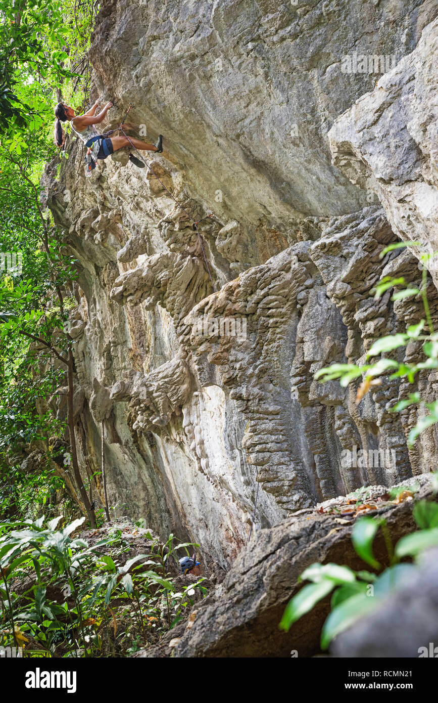 Frau an der Spitze eines steilen Kalksteinfelsen klettern in Laos. Stockfoto