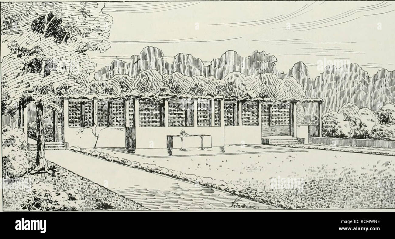 . Gartenkunst sterben. Landschaftsbau; Gärten - Europa. Fr. Scherer: Studie zur Umgestaltung des Bismarckgartens in Heidelberg. Ansicht aus der Vogeischau. als Rosenlauben hergestellt werden können, versehen. Zur Zeit der Rosenblüte wird of this Gartenteil sicher eine sroßc Anziehungskraft für die Besucher bilden. Den Abschluß bildet ein / Norden mit 2 bis 3 m hohen Hecke umschlossener Raum, dessen Mitte ein regelmäßiges Wasserbecken mit springstrahl ein-nimmt (vergl. Siehe Abb. S. 40). Zum beschaulichen Ruhen wird of this Raum mit dem leise plätschernden Wasser sehr willkommen sein. Stockfoto