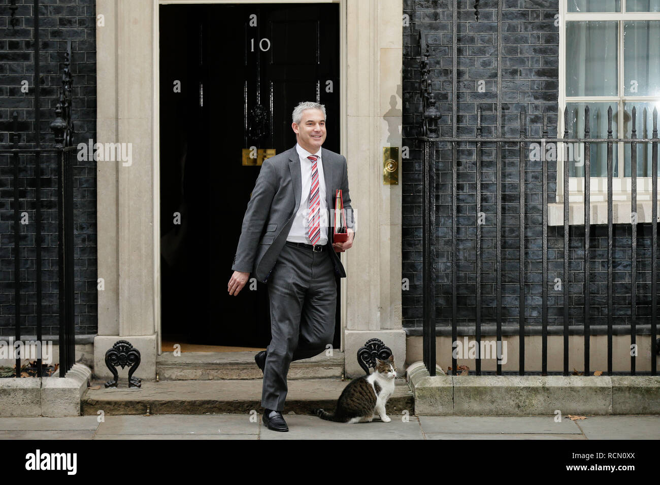 London, Großbritannien. 15 Jan, 2019. Britische Brexit Staatssekretär Stephen Barclay verlässt nach einer Kabinettssitzung in Downing Street 10 in London, Großbritannien, am 31.01.15. 2019. Eine verzögerte parlamentarische Abstimmung über den Brexit befassen soll am Dienstag stattfinden. Quelle: Tim Irland/Xinhua/Alamy leben Nachrichten Stockfoto