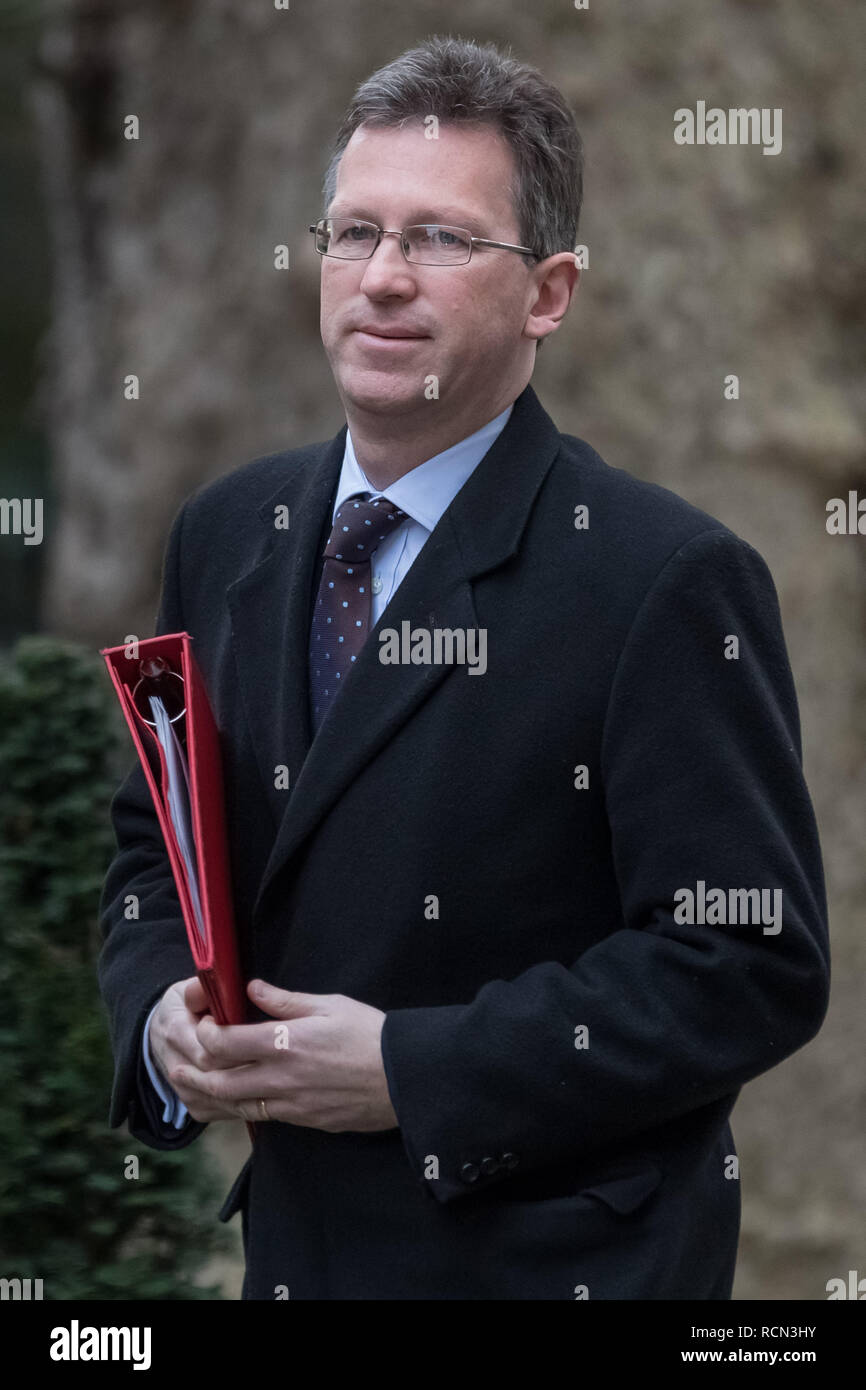 London, Großbritannien. 15. Januar, 2019. Die Minister kommen für die wöchentliche Kabinettssitzung am 10 Downing Street am Tag der 'Mihrer Stimme" auf Prime Minister's Theresa's kann Brexit Entzug beschäftigen. Credit: Guy Corbishley/Alamy leben Nachrichten Stockfoto