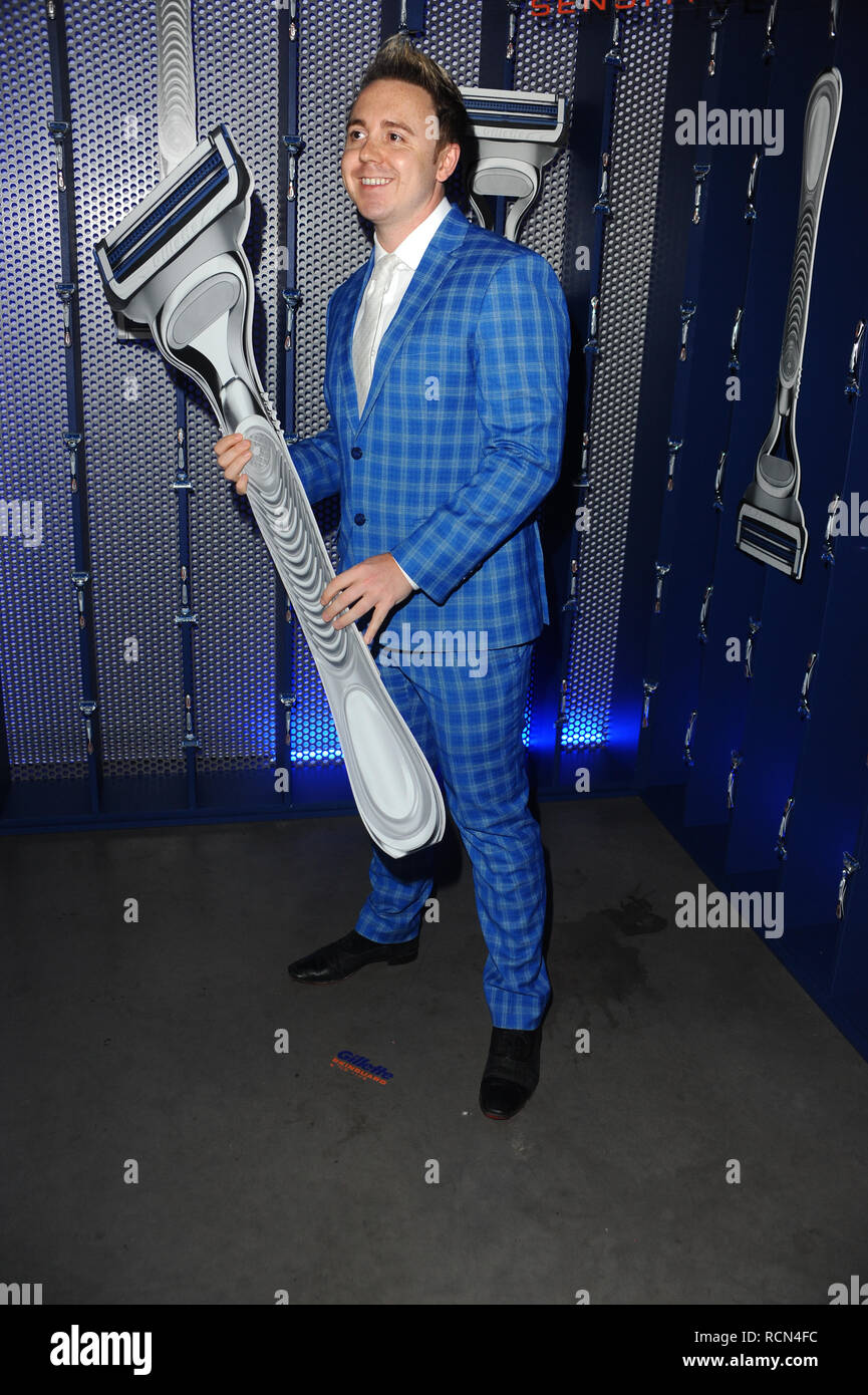 John Galea an der Gillette Rasierklingen, Skinguard Empfindlich für Männer mit empfindlicher Haut Ereignis auf Windmill Street in London entworfen. Stockfoto