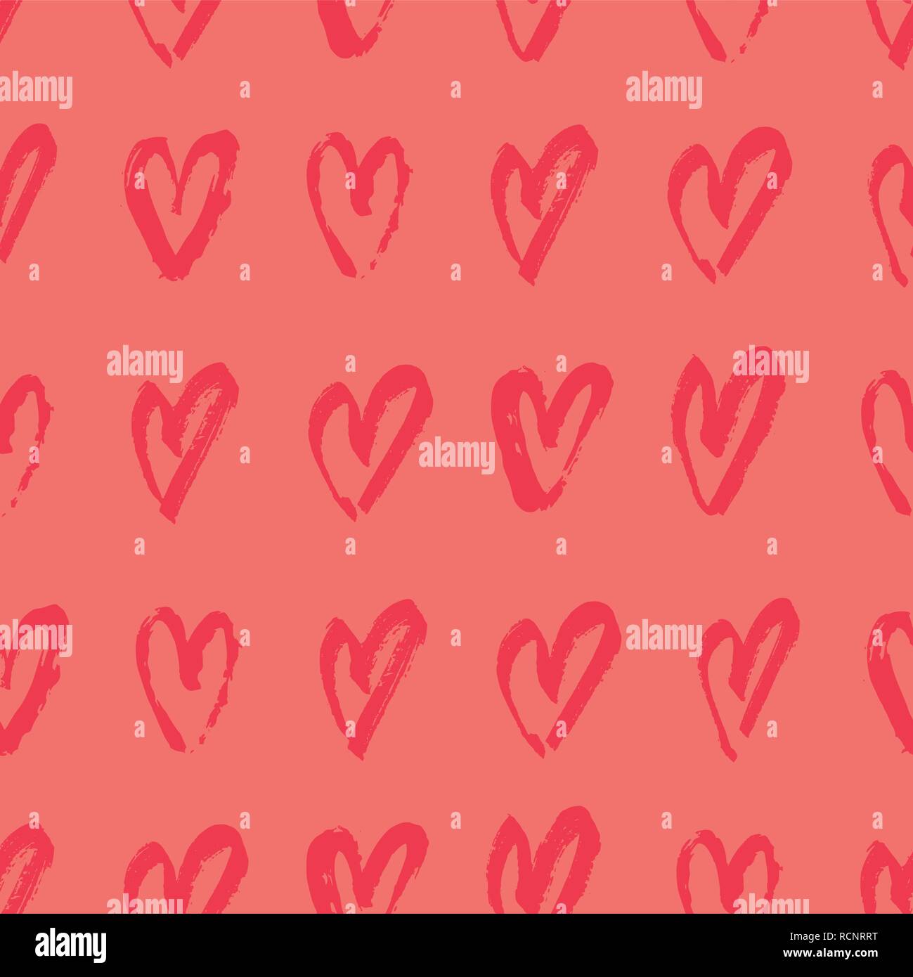 Hand gezeichnet nahtlose, sich wiederholendes Muster mit Herzen in Rot auf Coral orange hinterlegt. Pfiffige und trendige romantisches Design Plakat, Geschenkpapier, Valentine Stock Vektor