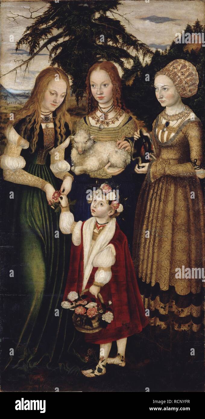 Altarbild mit dem Martyrium der Heiligen Katharina, linker Flügel: Die Heiligen Dorothea, Agnes und Kunigunde. Museum: Staatliche Kunstsammlungen Dresden. Autor: Cranach, Lucas, der Ältere. Stockfoto