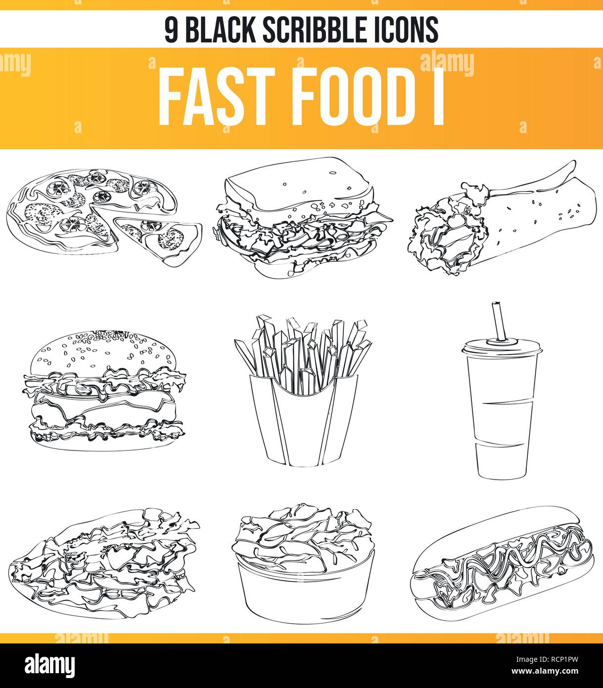 Schwarzen Symbole/Icons auf fast food. Dieses Icon Set ist perfekt für kreative Menschen und Designer, die das Thema fast food in ihrem grafischen Notwendigkeit des Stock Vektor