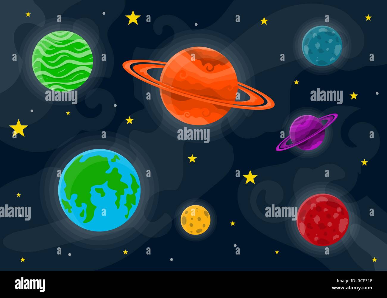 Platz Muster mit Planeten und Sternen. Vector Illustration. Cartoon raum Hintergrund in flacher Ausführung. Stock Vektor