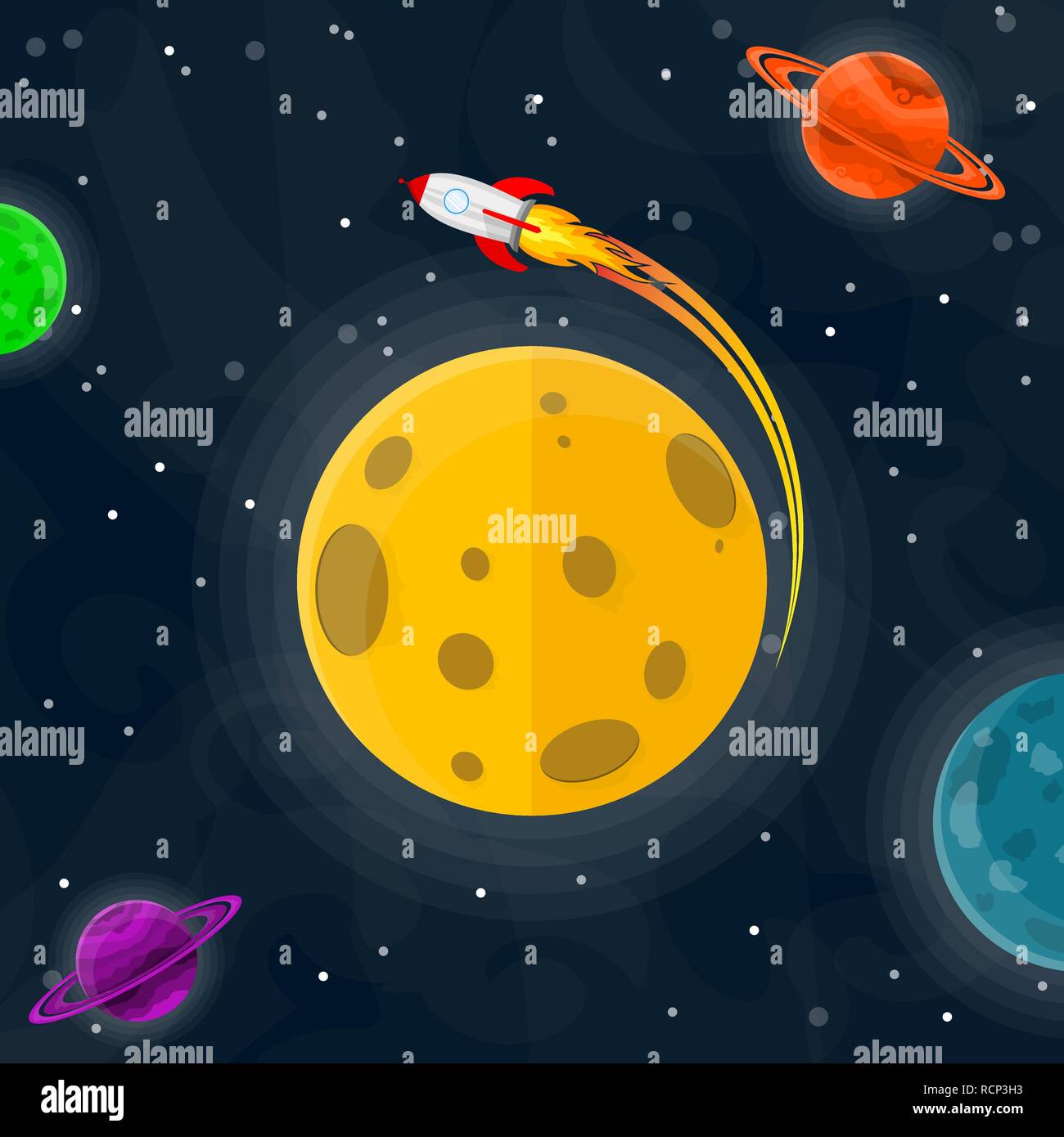 Platz Muster mit Planeten, Sterne und Rakete. Vector Illustration. Cartoon raum Hintergrund in flacher Ausführung. Stock Vektor