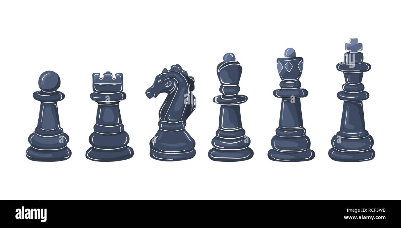 Satz Schachfiguren in flacher Ausführung. Vector Illustration. Schwarze Schachfiguren, auf weißem Hintergrund Stock Vektor