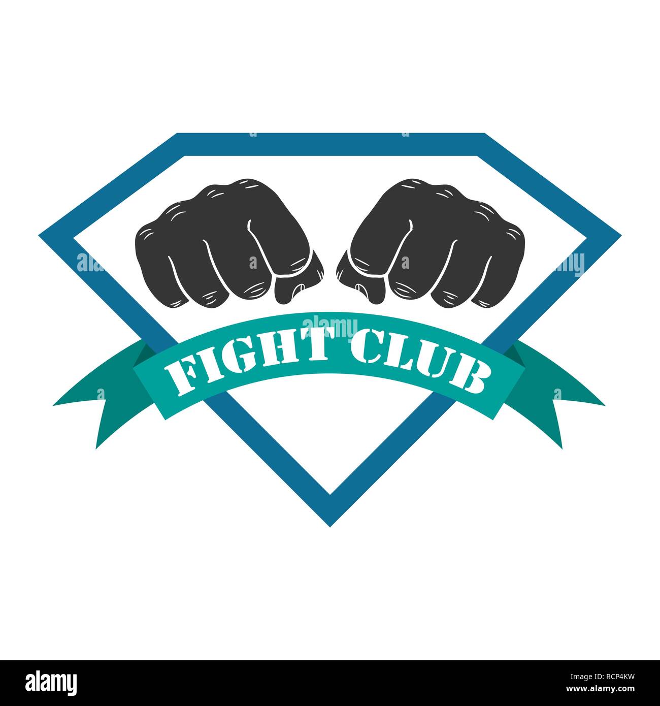 Club Emblem mit zwei Fäuste und Farbband im flachen Design kämpfen. Vector Illustration. Fight Club Logo auf weißem Hintergrund Stock Vektor