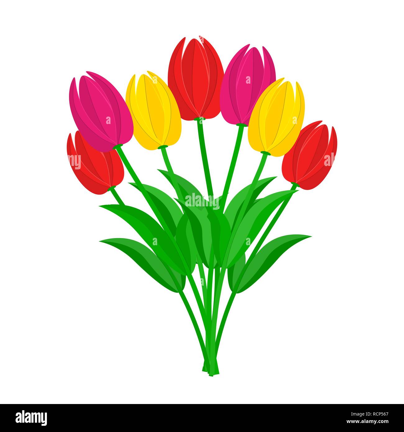 Blumenstrauß aus Tulpen in flacher Ausführung. Vector Illustration. Blumenstrauß aus sieben Tulpen, auf weißem Hintergrund Stock Vektor