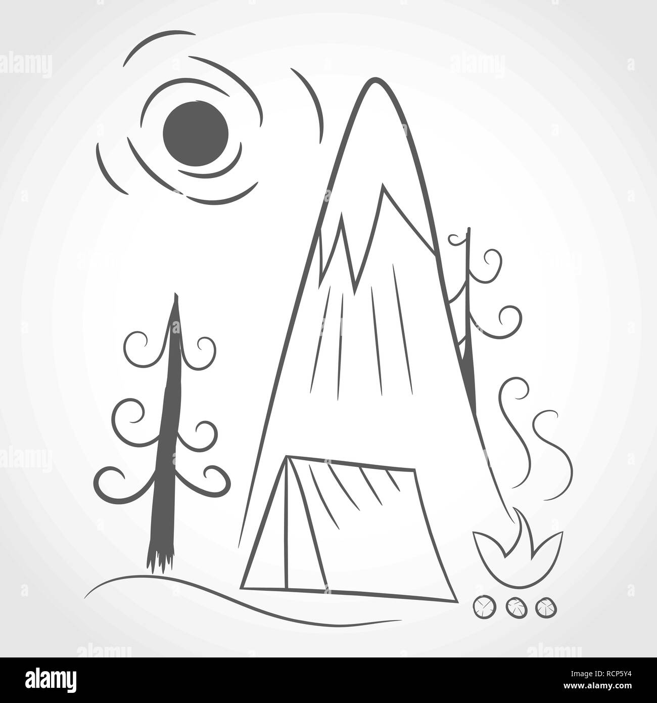 Berge, Zelt und Lagerfeuer im flachen Design. Camping Konzept. Vector Illustration. Reise und Tourismus Konzept. Stock Vektor