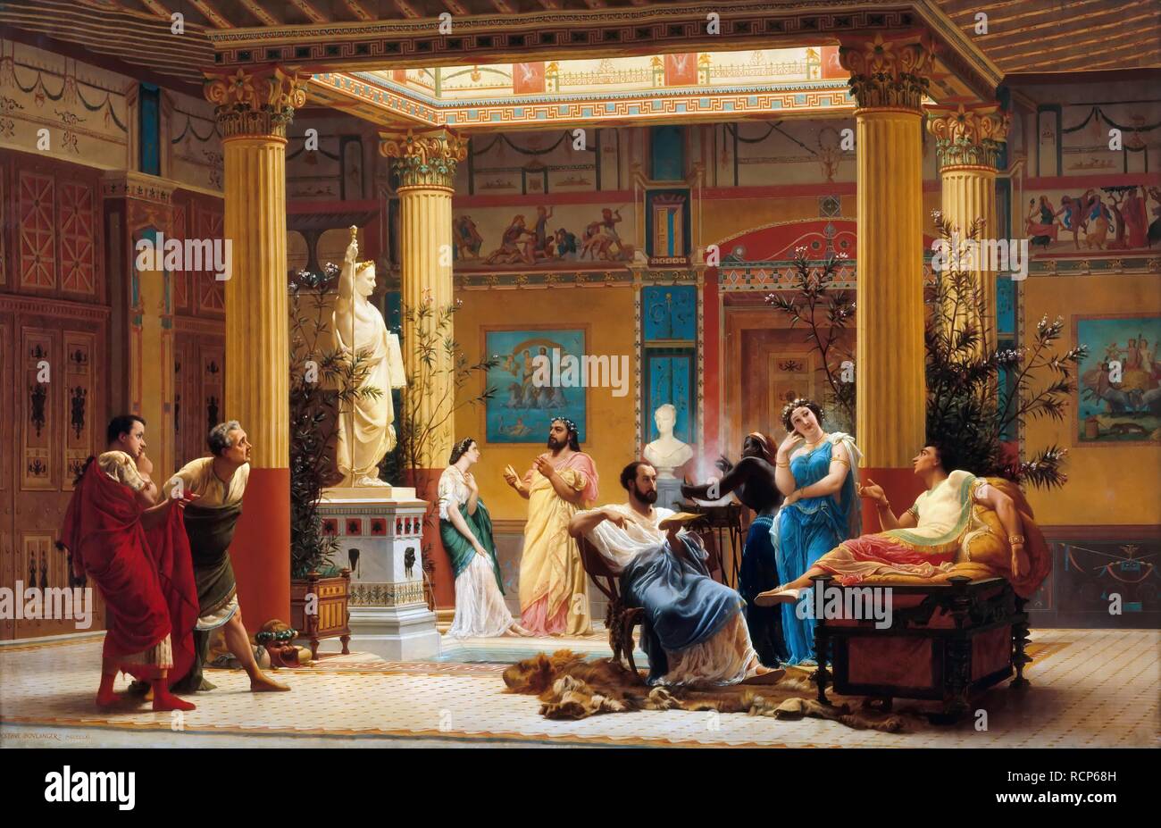 "Joueur de flûte" und "La femme de Diomède' im Atrium des Prinzen Napoleon's Pompejanischen Haus in Paris im Jahre 1860. Museum: Musée de l'Histoire de France, Château de Versailles. Autor: Boulanger, Gustave Clarence Rodolphe. Stockfoto