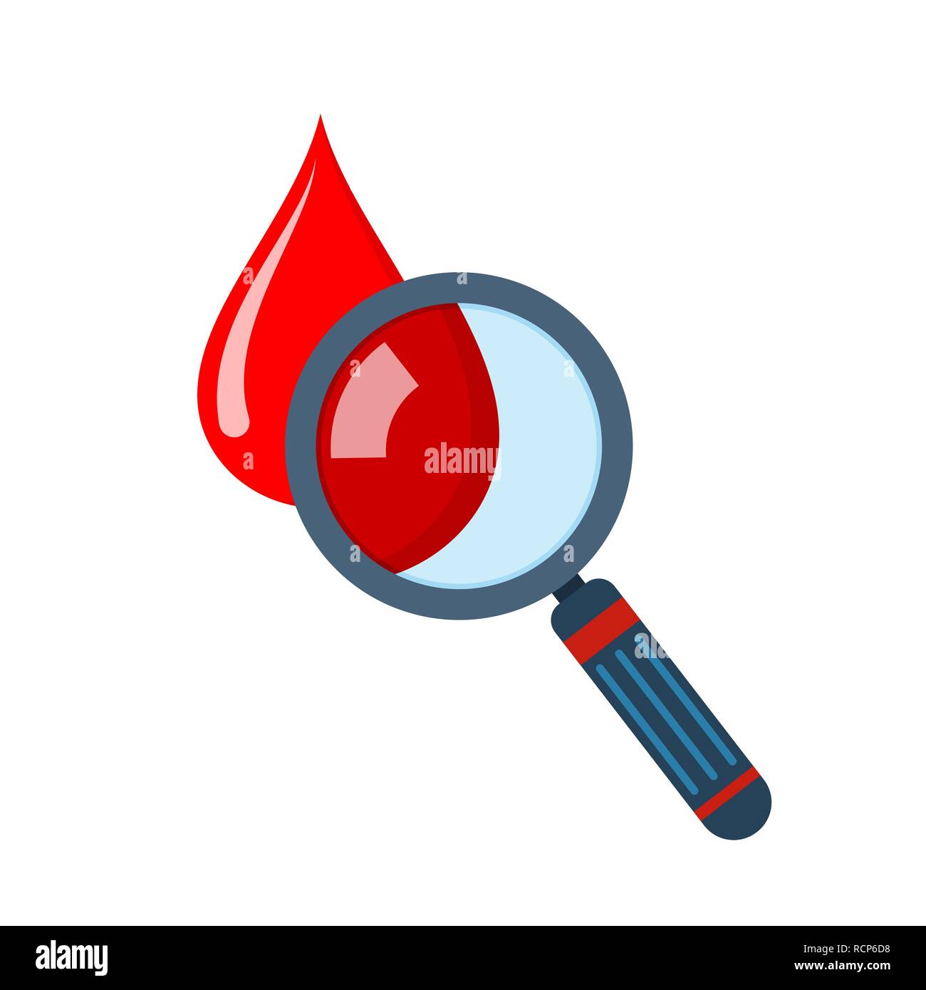 Hämatologie Konzept mit einem Tropfen Blut und Lupe in flacher Ausführung. Vector Illustration. Ein Tropfen und Lupe, auf Pfingstmontag isoliert Stock Vektor