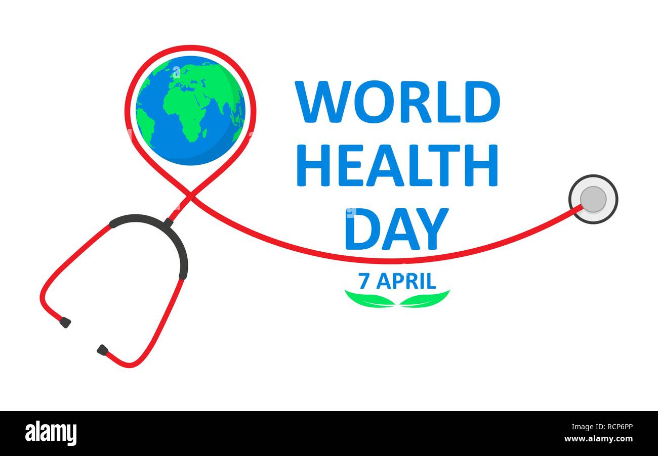 World Health Day Poster mit Stethoskop in flacher Ausführung. Vector Illustration. Globus unterzeichnen und Stethoskop, Ökologie Konzept, Stock Vektor