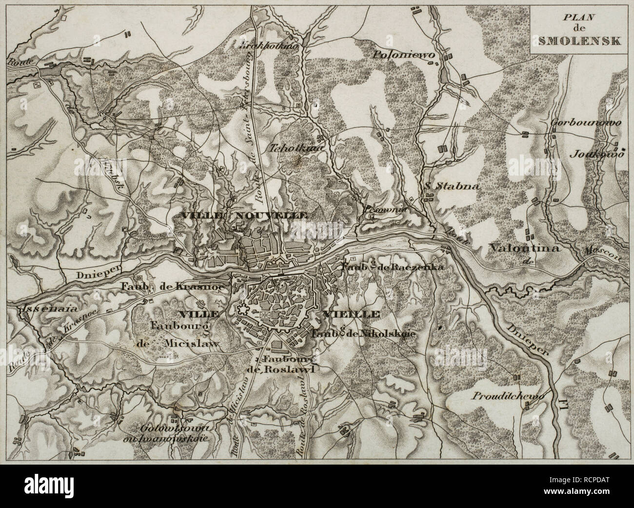 Napoleonischen Karte. Stadt Smolensk, Russland. Es war während der Invasion von Napoleon I. Atlas de l'Histoire du Consulat et de l'Empire zerstört. Geschichte des Konsulats und des Empire von Frankreich unter Napoleon von Marie Joseph Louis Adolphe Thiers (1797-1877). Zeichnungen von Dufour, Stiche von Dyonnet. In Paris, 1864 bearbeitet werden. Stockfoto