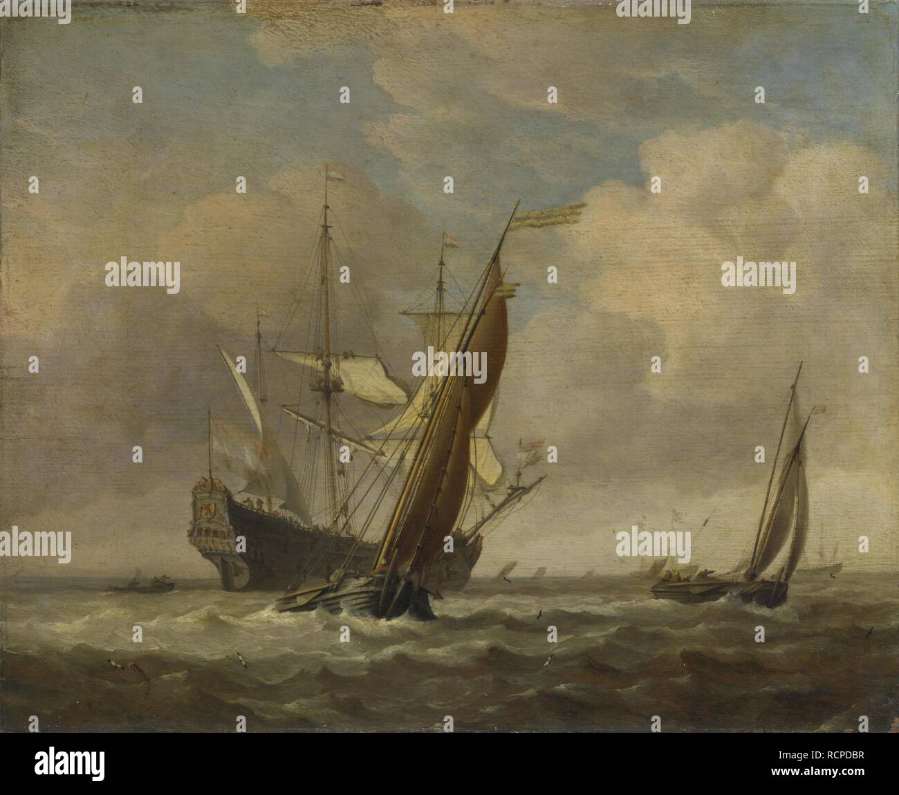 Zwei kleine Schiffe und ein Holländer in ein Kinderspiel. Museum: National Gallery, London. Autor: Willem Van de Velde, der Jüngere. Stockfoto