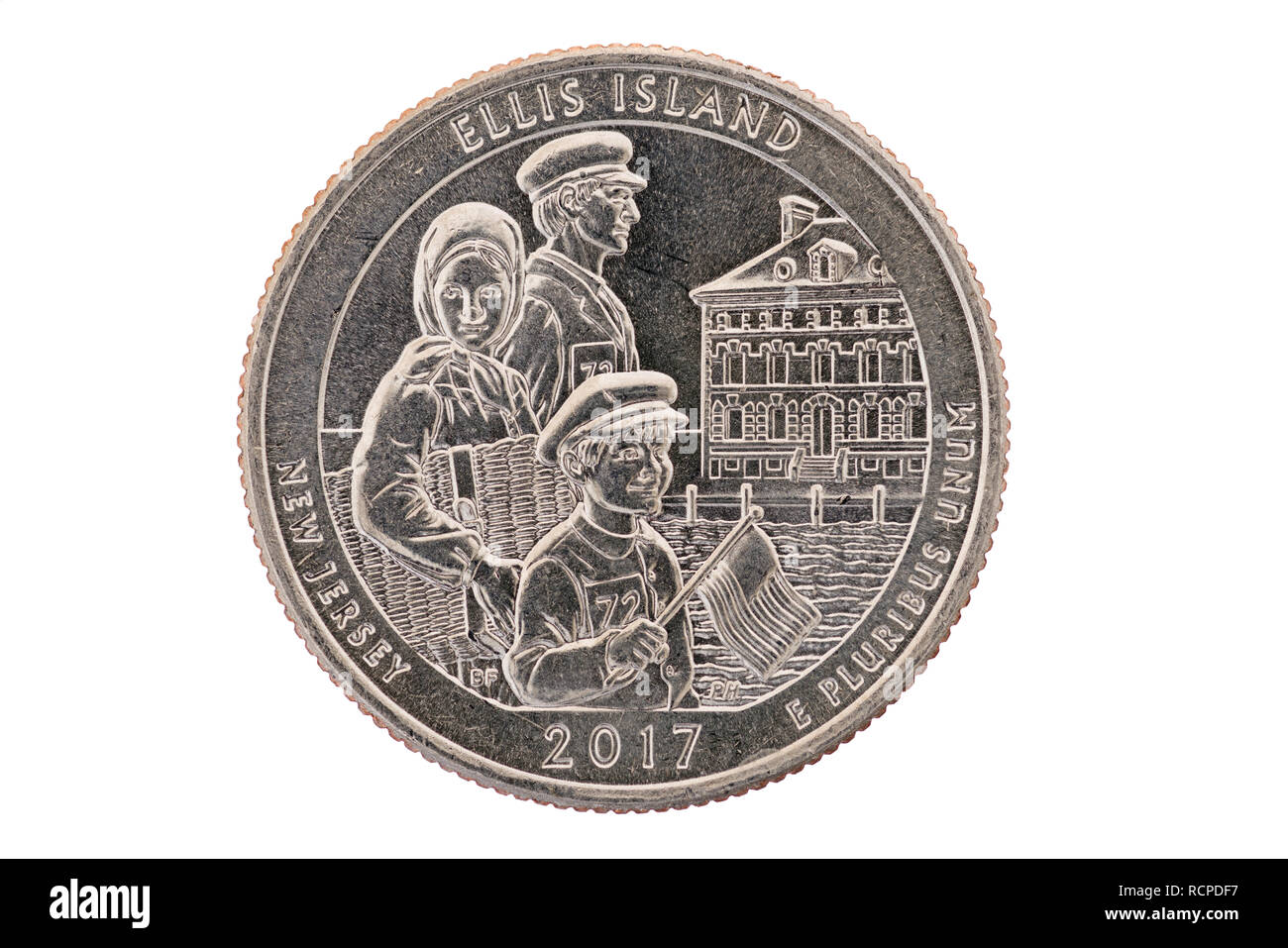 Ellis Island New Jersey commemorative Quartal Münze isoliert auf weißem Stockfoto