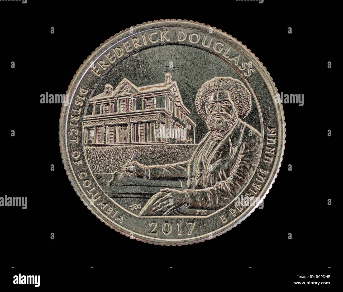 Frederick Douglass Distrikt von Columbia commemorative Quartal Münze auf schwarzem Hintergrund Stockfoto