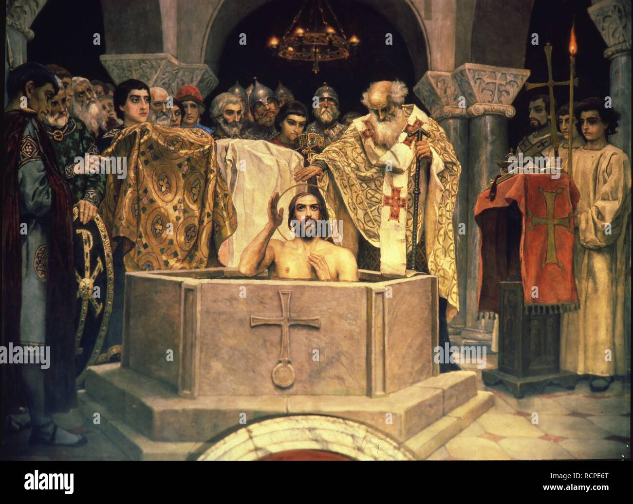 Die Taufe des Großfürsten von Kiew Wladimir der Große in 987. Museum: St. Vladimir's Cathedral, Kiew. Autor: Vasnetsov, Viktor MIKHAYLOVICH. Stockfoto