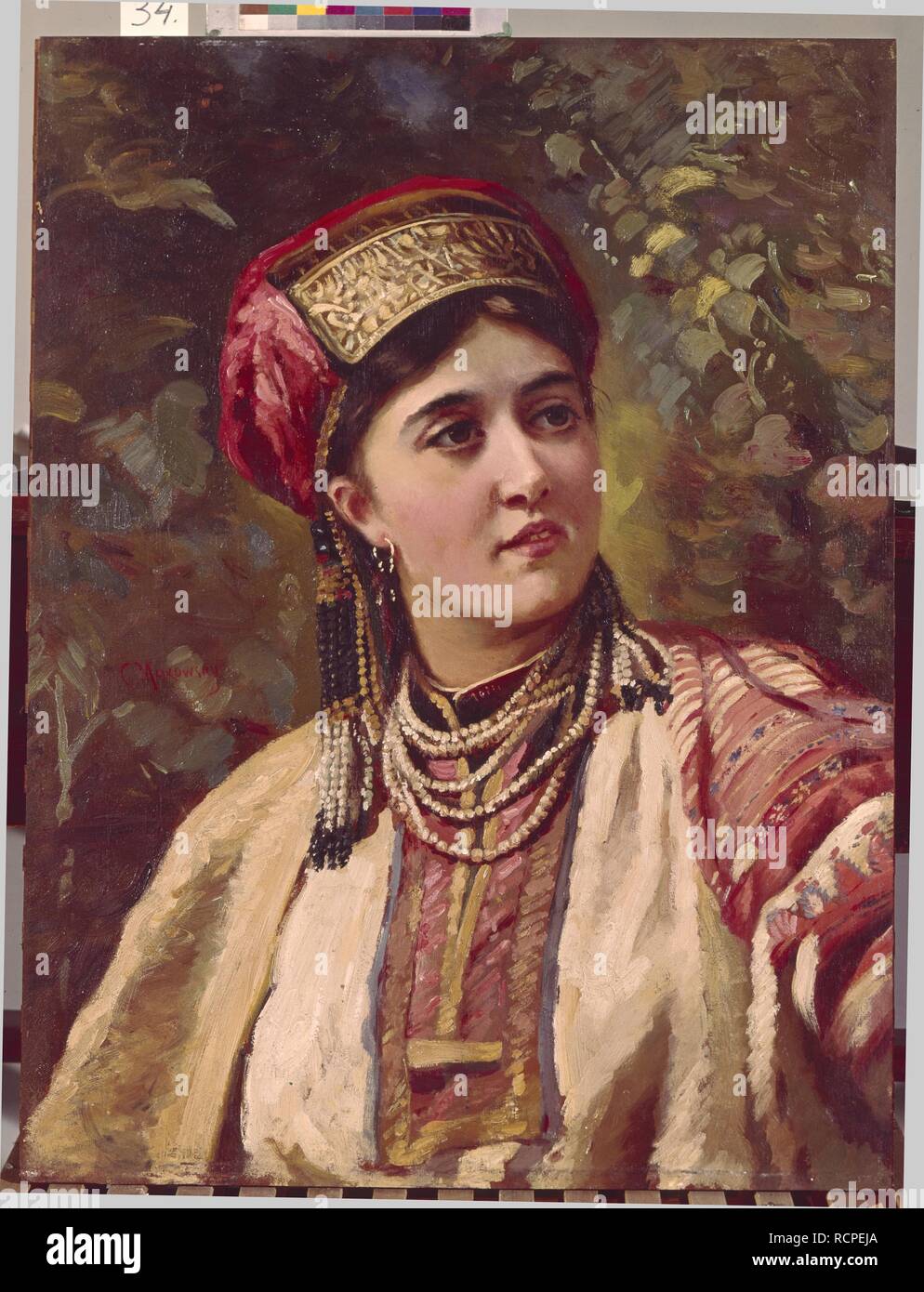 Mädchen in traditioneller Kleidung. Museum: private Sammlung. Autor: Makovsky, Konstantin Yegorovich. Stockfoto