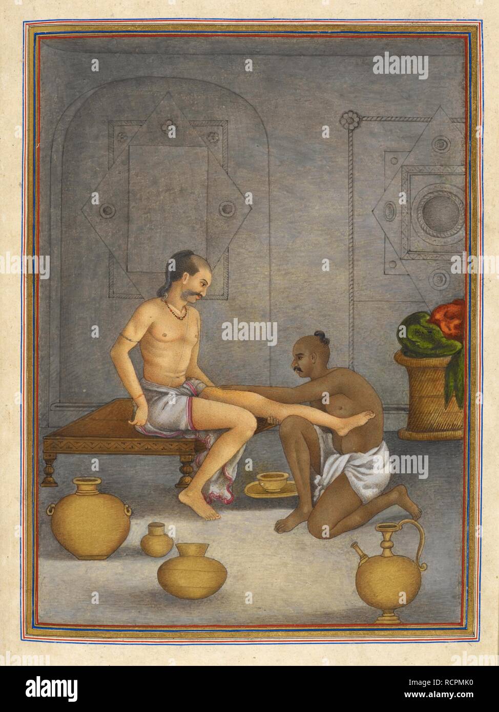 Mann mit seinem Ghulam Diener. Tashrih al-aqvam, ein Konto von Herkunft und Berufe von einigen der Sekten, Kasten und Stämme von Indien. Bei Hansi Cantonment, Gurgaon Distrikt, 85 km nord-westlich von Delhi für Oberst James Skinner geschrieben. 1825. Ghulam, einer Kaste von erblichen persönlichen Diener. Attendant massieren Bein des Mannes. Ein Gemälde von einem Manuskript von Tashrih al-aqvam, ein Bericht über die Herkunft und Berufe von einigen der Sekten, Kasten und Stämme von Indien. Bild aus Tashrih al-aqvam. Ursprünglich veröffentlicht in Indien, 1825 produziert. . Quelle: Hinzufügen. 27255, f.208 v. Sprache: Stockfoto