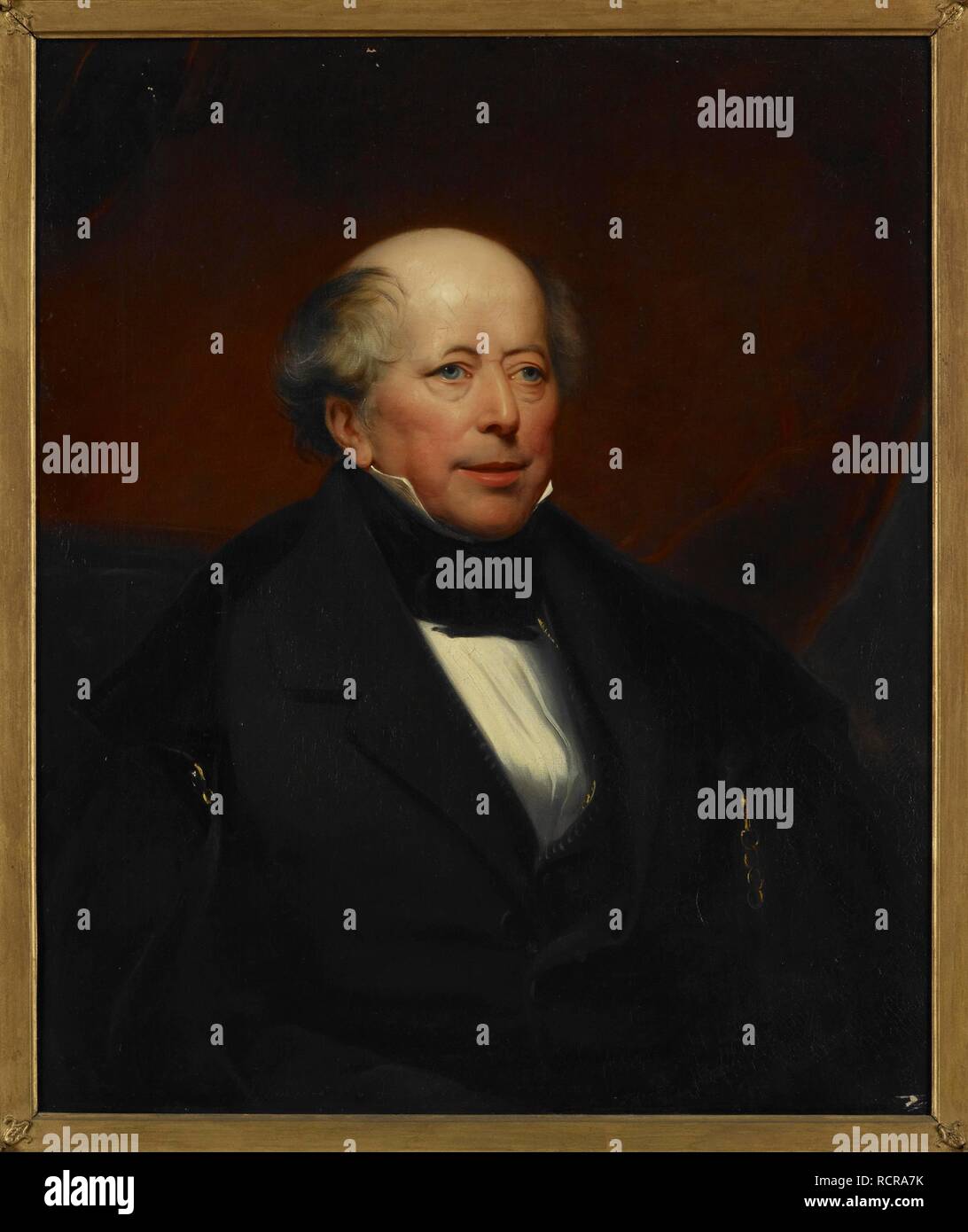 William Abington (c.1770-1839). Sekretärin zu militärischen Seminar im Osten Indiens Unternehmen 1809-34. Drei viertel länge Portrait eines älteren Mannes auf einem Stuhl vor dem Hintergrund der dunklen roten Vorhänge sitzt. Er trägt ein Hemd mit Kragen, schwarze Krawatte, braunen Fell und schwarzen Mantel. 1837. Öl Malerei. 30 von 25 ins (76 Durch 63,5 cms). Quelle: Foster 845. Autor: BARRAUD, Henry. Stockfoto