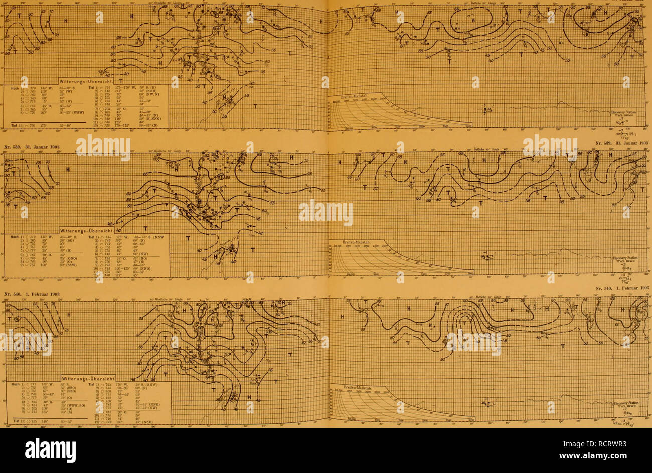 . Deutsche SÃ¼dpolar-Expedition, 1901-1903, im, Aufträge des Reichsamtes des Innern. Gauss (Schiff); wissenschaftliche Expeditionen. Deulst ir-Expedition 1901 â 3 Jir. Ã¶SS. SO. 1903 Iimir Meteorologischer Atlas. Tafel 180 Nr. 53 S. SO. Januar 1903 Herr 13. 1 1 5). TC0 30" (0) .., n.. o K) 765 * 5° (WSW, 30) ffifl ich "r Hfl (0) -, 765 16 S" - (S) Tlel IST] 76S VT 9) w 785'JO 1 0. Jörg = 10) r 755 46 * 50 * 4 ff Ich.' Ich i o tacr 56 * (nxo). Bitte beachten Sie, dass diese Bilder aus gescannten Seite Bilder, die digital für die Lesbarkeit verbessert haben mögen - Färbung und Aussehen dieser Illu extrahiert werden Stockfoto