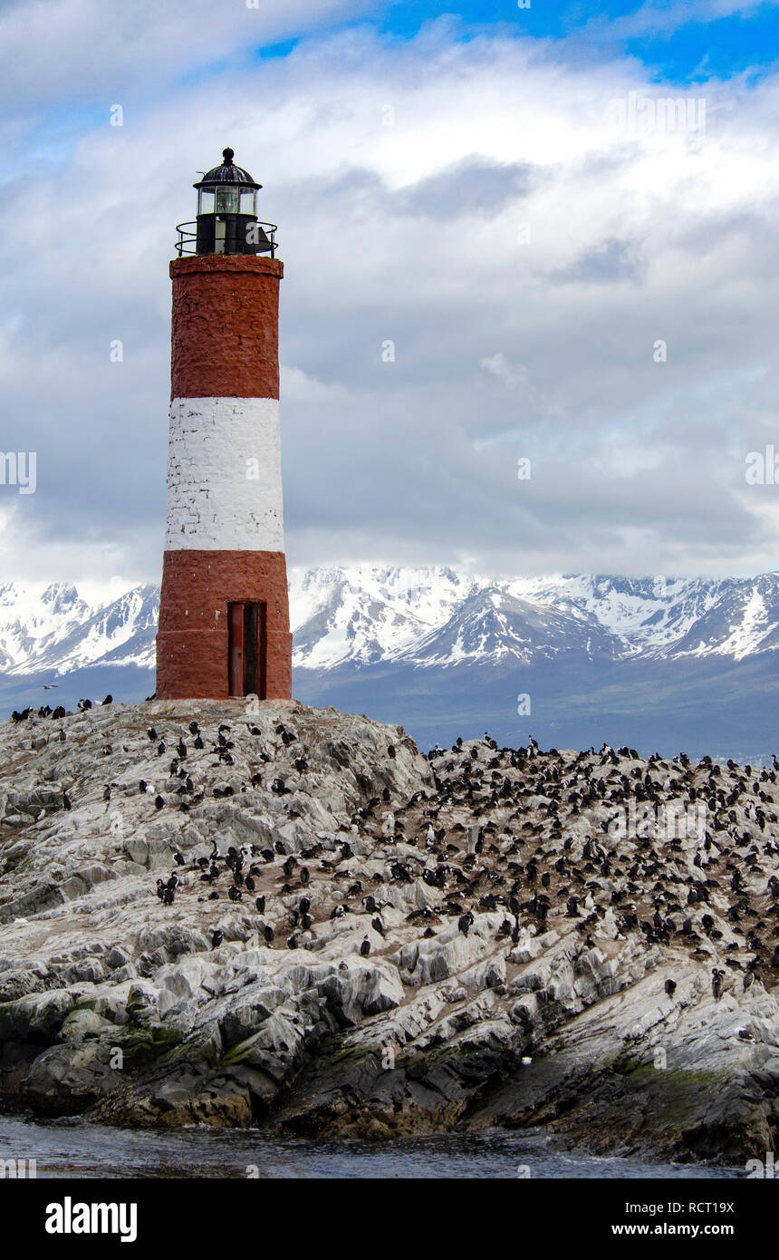 'Les éclaireurs 'Leuchtturm in den Beagle Kanal in Ushuaia, häufig für den Leuchtturm am Ende der Welt verwechselt, beherbergt eine Kolonie der Kormorane Stockfoto