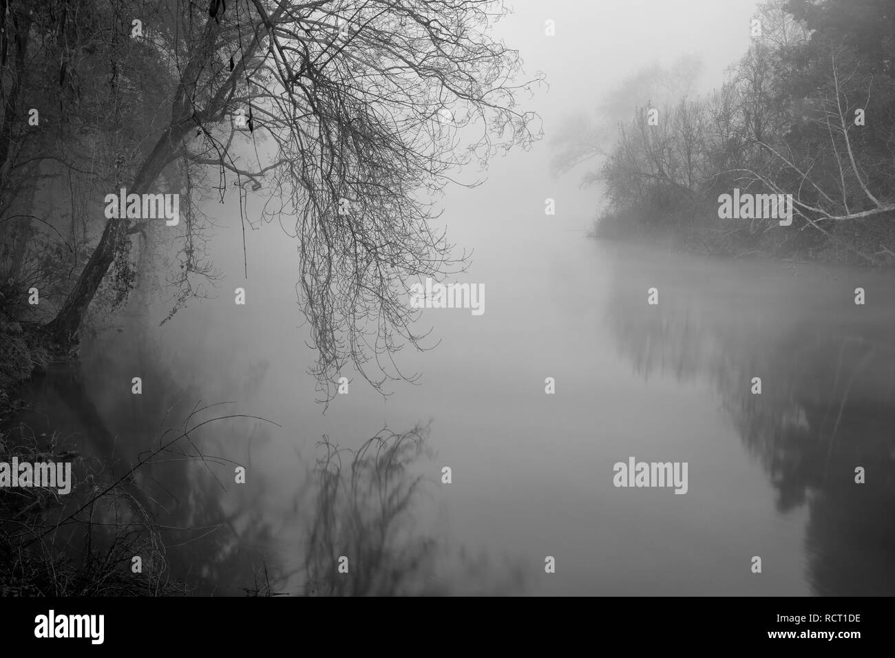 Erste letzte Strahlen in der romantischen Fluss Ave, im Norden von Portugal. Umgewandelt in Schwarz und in Weiß. Stockfoto