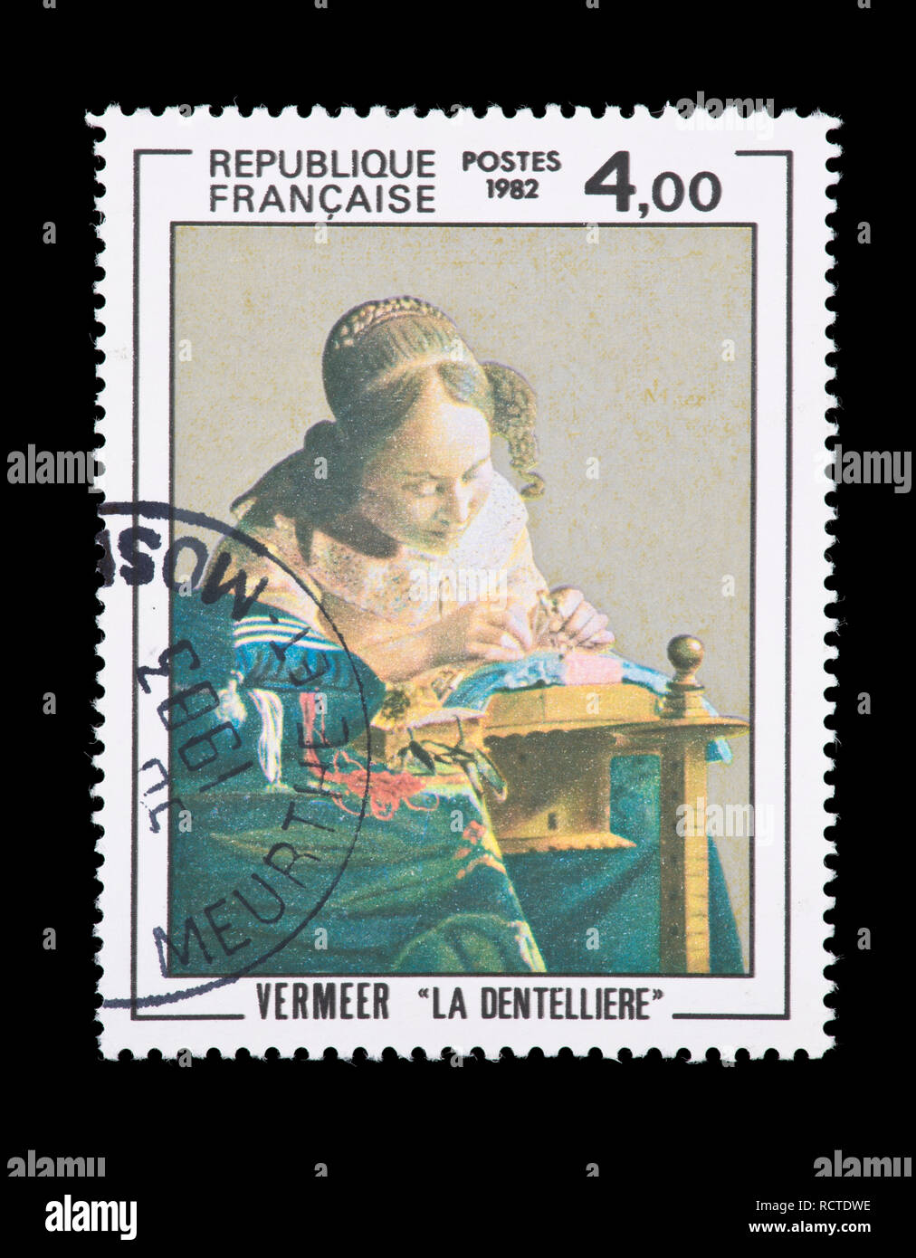 Briefmarke aus Frankreich mit der Darstellung der Vermeers Gemälde "Der Lacemaker' Stockfoto