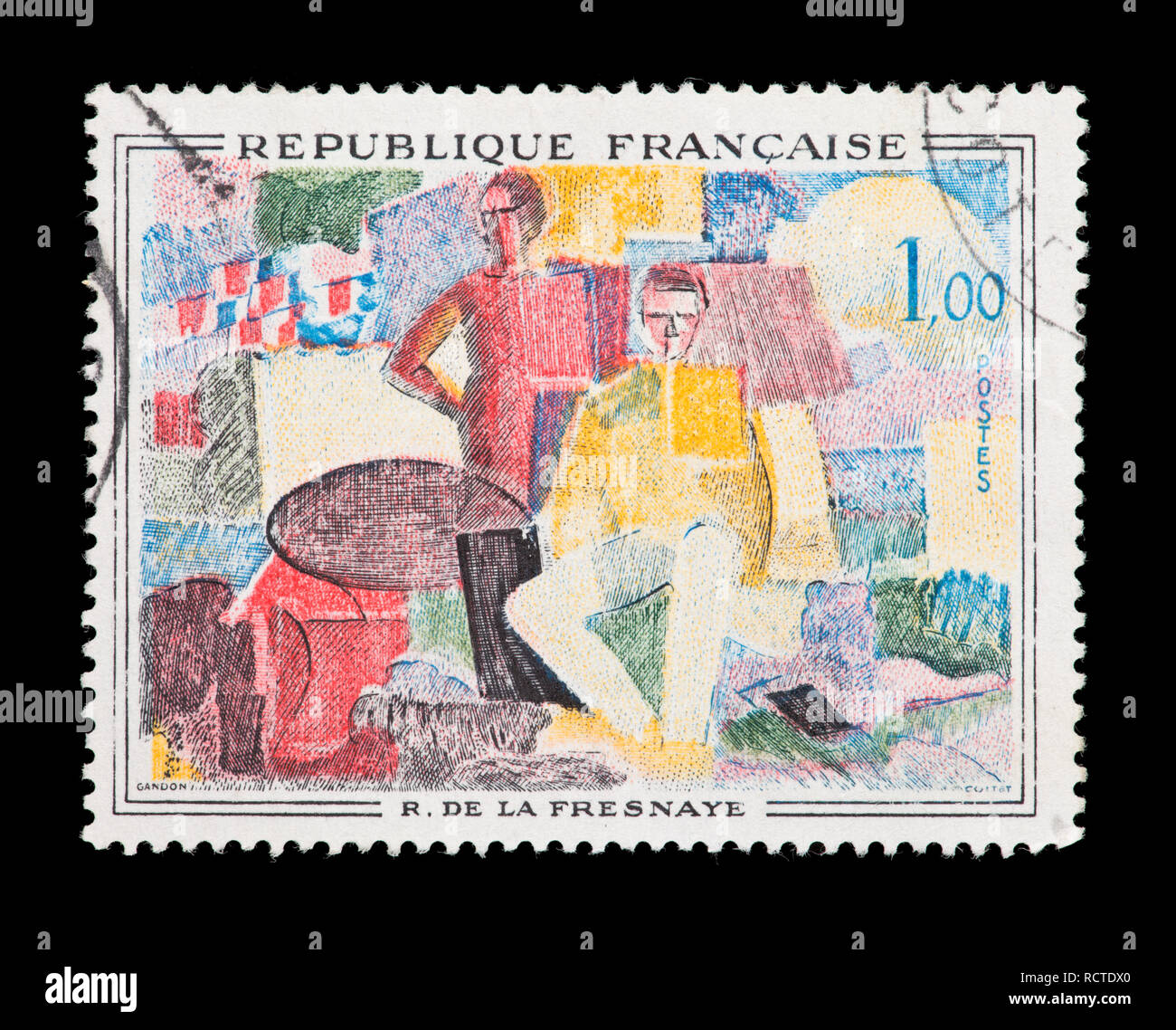 Briefmarke aus Frankreich mit der Darstellung der Roger de la Fresnaye Gemälde "Der 14. Juli" Stockfoto