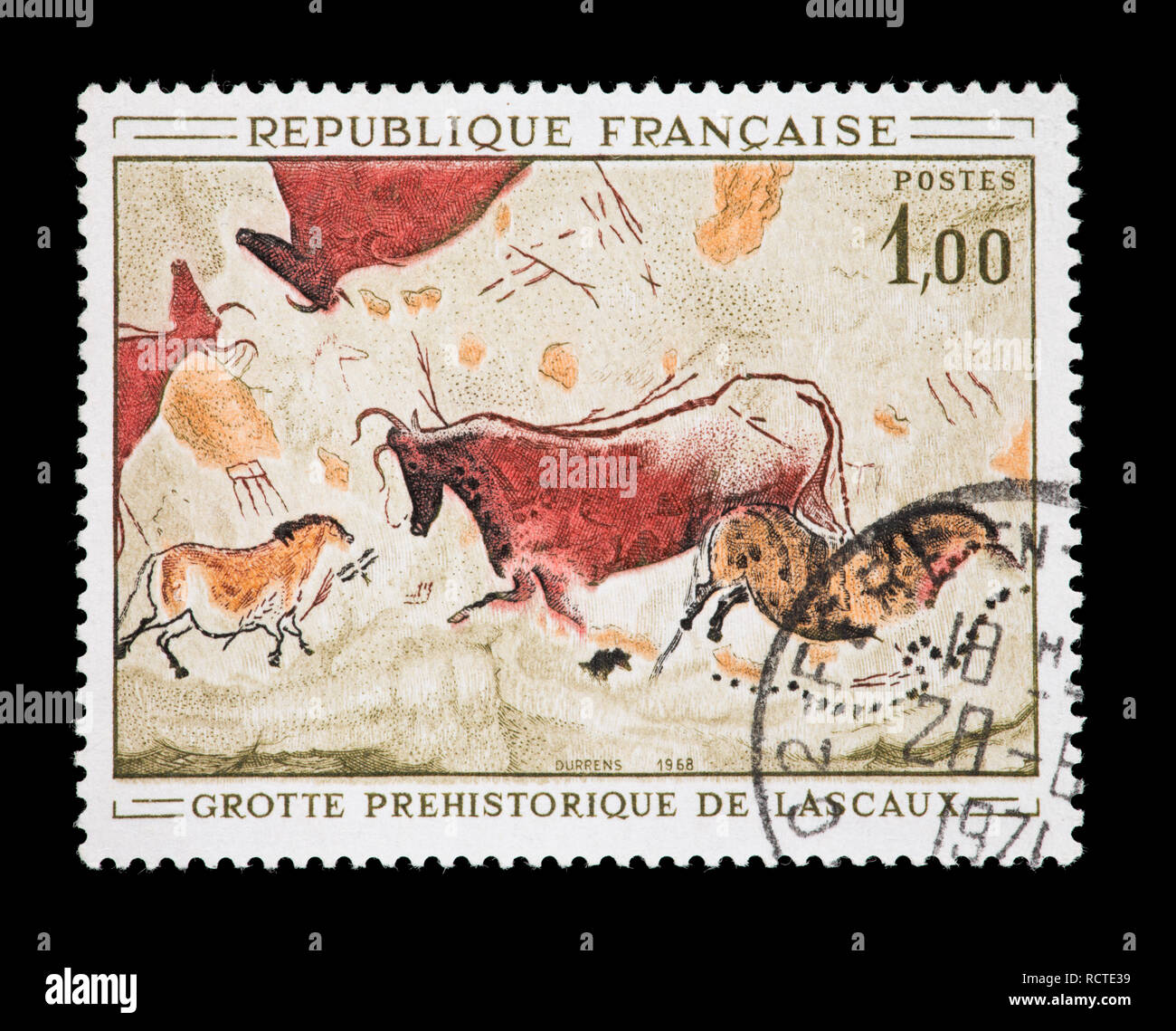 Briefmarke aus Frankreich mit der Darstellung eines prähistorischen Höhlenmalereien in der Höhle von Lascaux. Stockfoto