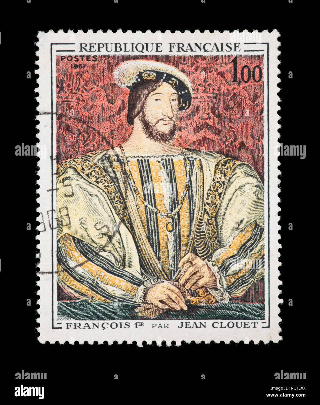 Briefmarke aus Frankreich mit der Darstellung der Jean Clouet Malerei" Francois I' Stockfoto