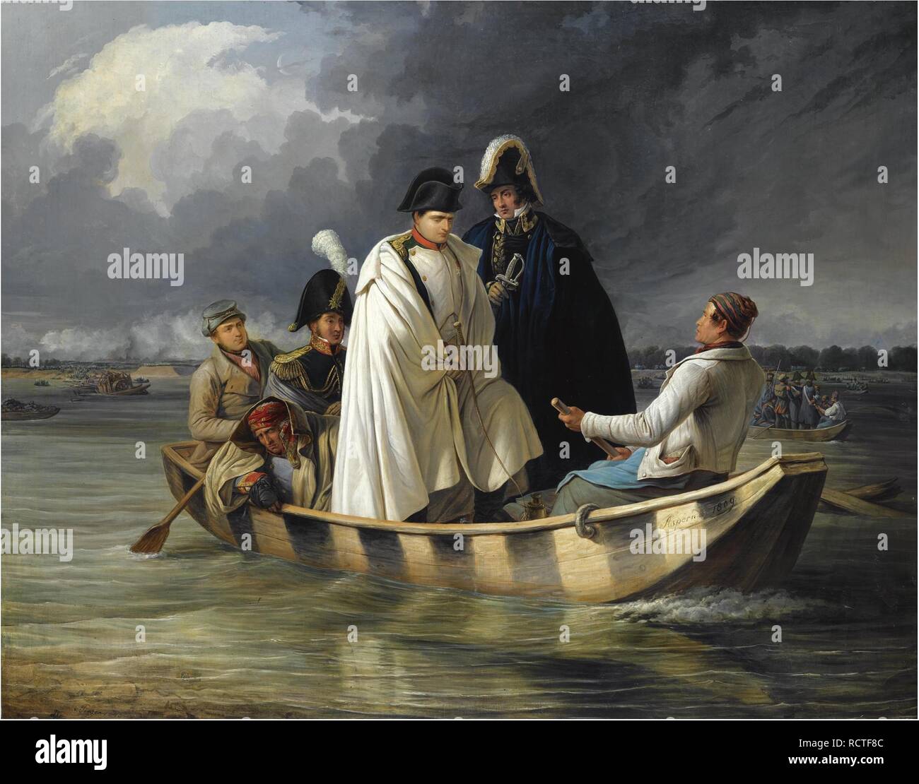 Napoleon Verlassen der Lobau nach der Niederlage in der Schlacht von Aspern. Museum: private Sammlung. Autor: Perger, Anton Ritter von. Stockfoto