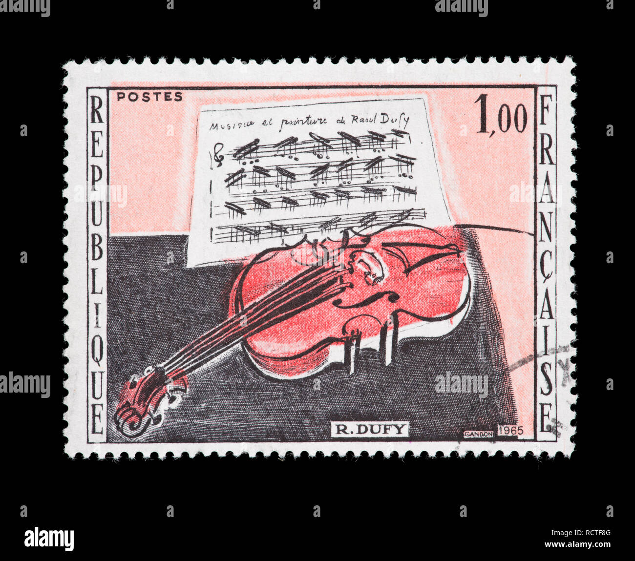 Briefmarke aus Frankreich mit der Darstellung der Raoul Dufy Malerei Die rote Violine Stockfoto