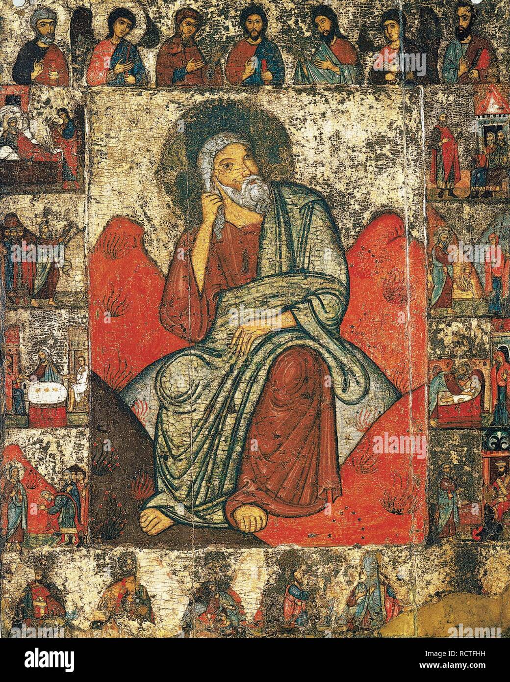 Der Prophet Elija in der Wüste mit Szenen aus seinem Leben und Deesis. Museum: Staatliche Tretjakow-Galerie, Moskau. Thema: russische Ikone. Stockfoto