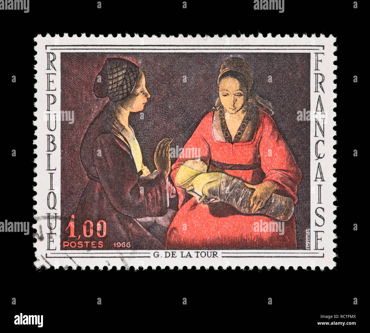 Briefmarke aus Frankreich mit der Darstellung der Georges de La Tour Gemälde "Der Neugeborenen' Stockfoto