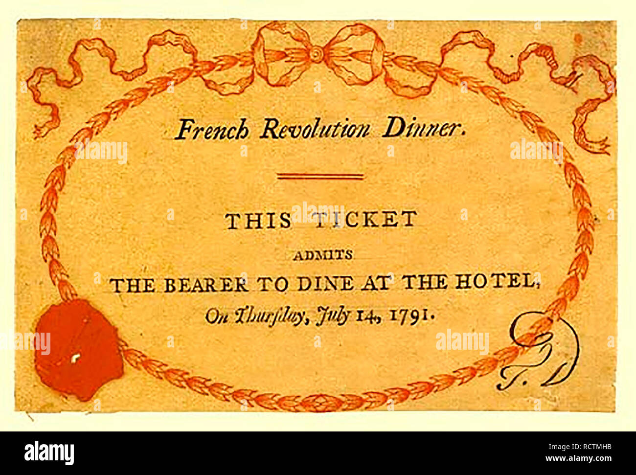 Ticket für die 'Französische Revolution', Royal Hotel, Birmingham, England, 14. Juli 1791. Das Abendessen begann die Kette von Ereignissen, die dem Priestley Unruhen geführt. Das Ticket lässt zu, dass der Träger im Hotel am Donnerstag, 14. Juli 1791 zu speisen. Stockfoto