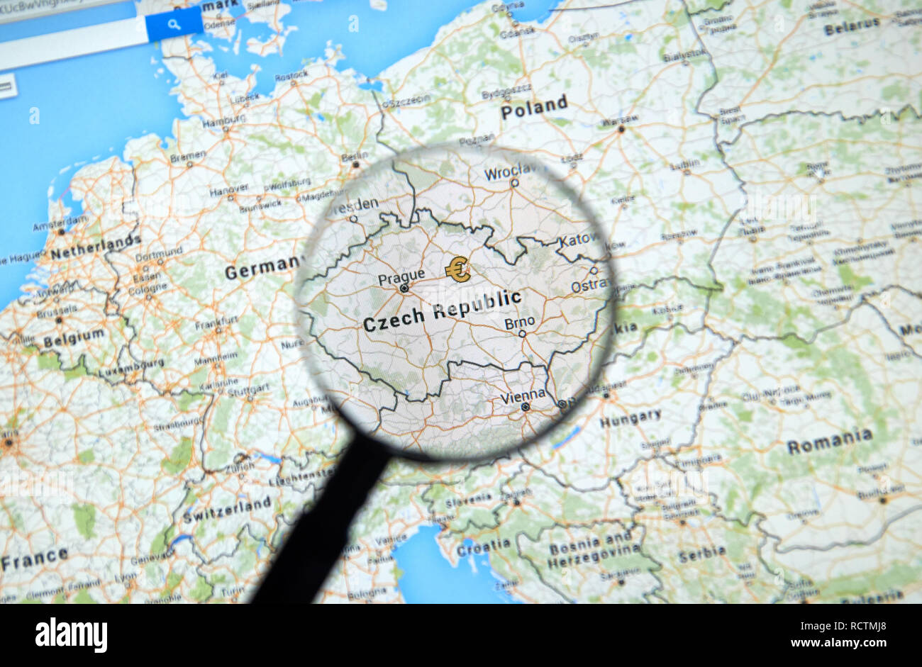 MONTREAL, KANADA - 24. JUNI 2016 - Tschechische Republik auf Google Maps App unter der Lupe. Die Tschechische Republik ist ein europäisches Land und ein Mitglied der EU. Stockfoto