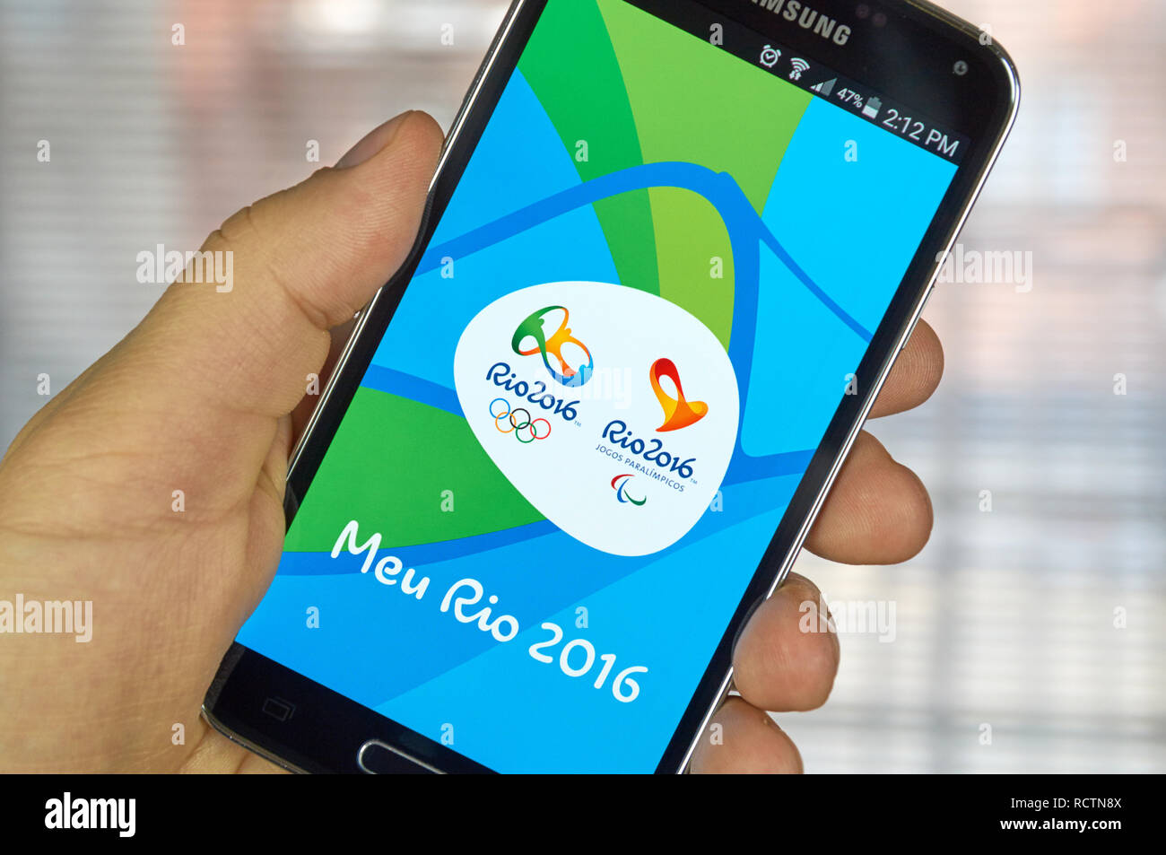MONTREAL, KANADA - MÄRZ 20, 2016 - Rio 2016 mobile Anwendung auf dem Bildschirm des Samsung S5. Die Stadt von Rio de Janeiro ist Gastgeber des G gewählt worden Stockfoto