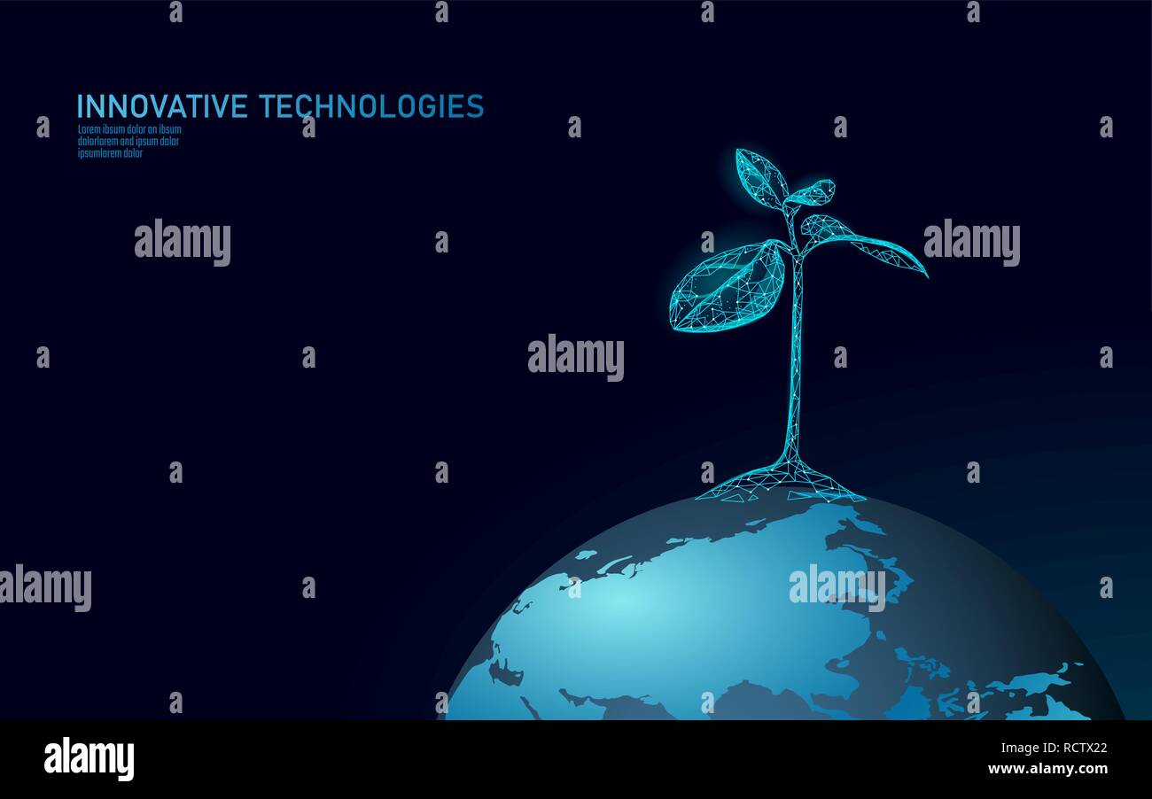Pflanze sprießen Ökologische abstraktes Konzept. 3D-Render Sämling Baum Blätter. Planeten Erde Natur Umwelt wachsen Leben eco polygon Dreiecke Low Poly Vector Illustration Stock Vektor