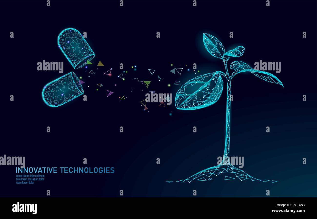 Pflanze sprießen Biotechnologie abstraktes Konzept. 3D-Render Sämling Baum Blätter DNA-Genom engineering Vitamin ergänzen. Medizinische Wissenschaft leben Eco polygon Dreiecke Low Poly Vector Illustration Stock Vektor
