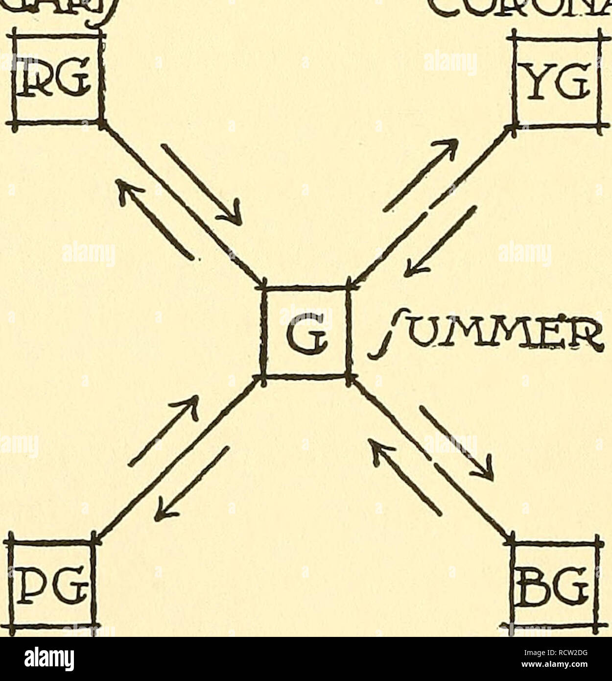 . Design im Gartenbau. Gartenbau. 90 LANDSCHAFT GAEDENING erscheinen direkt einander gegenüber. Rot und Gelb, Gemischt, Orange; gelb und Bine, grün, blau und rot, lila oder violett. Falls zusätzliche Pigmentfarben in gleichen Mengen gemischt, jeder tötet oder neutralisiert die anderen, und das Ergebnis ist grau, in denen weder der Ergänzungen nachvollziehbar ist. In der Tat,- Mentären Farben sind so widersprüchlich, dass sie sich gegenseitig neutralisieren, wenn sich irgendwo in der Nähe von gleichen Mengen verwendet. Auf der anderen Seite, so sie sich zu großen Vorteil verwendet werden, wenn ein sehr kleiner Betrag Stockfoto